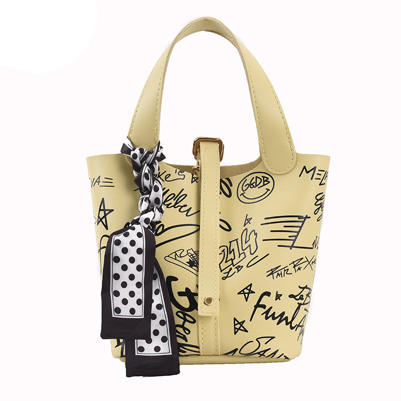 MOJOYCE-Cartoon Print Silk Scarf Bucket Bag