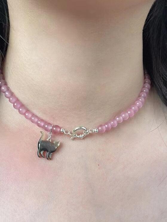 Mojoyce-Original Cat Silver Pink Opal Necklace