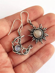 Mojoyce-Moonstone Asymmetric Sun Moon Earrings