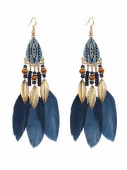 Mojoyce-National Original 5 Colors Feather Tassels Beads Chains 6 Colors Earrings