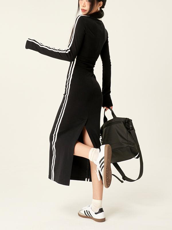 Mojoyce-Fashionable Black V-neck Slit Dress