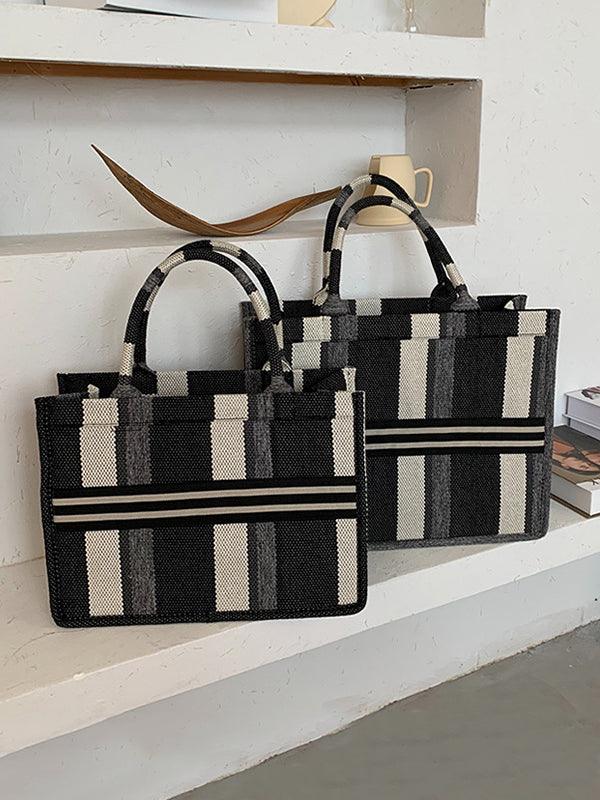Mojoyce-Vintage Contrast Color Striped Two Size Tote Bag