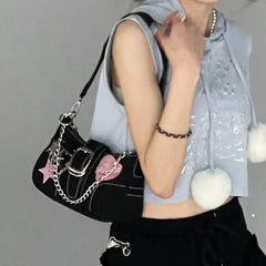 MOJOYCE-Butterfly Chain Detail Star Buckled Denim Shoulder Bag