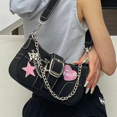 MOJOYCE-Butterfly Chain Detail Star Buckled Denim Shoulder Bag