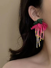 Mojoyce-Silver Pin Flower Beaded Tassel Earrings