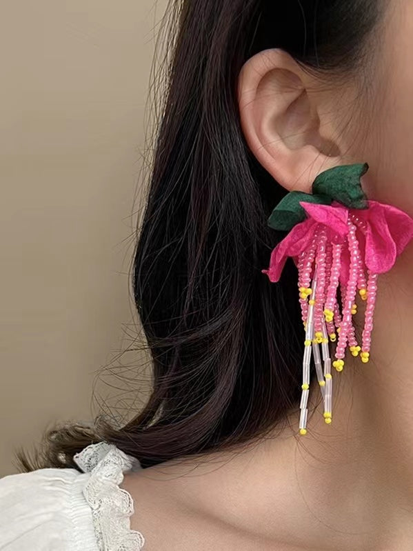 Mojoyce-Silver Pin Flower Beaded Tassel Earrings