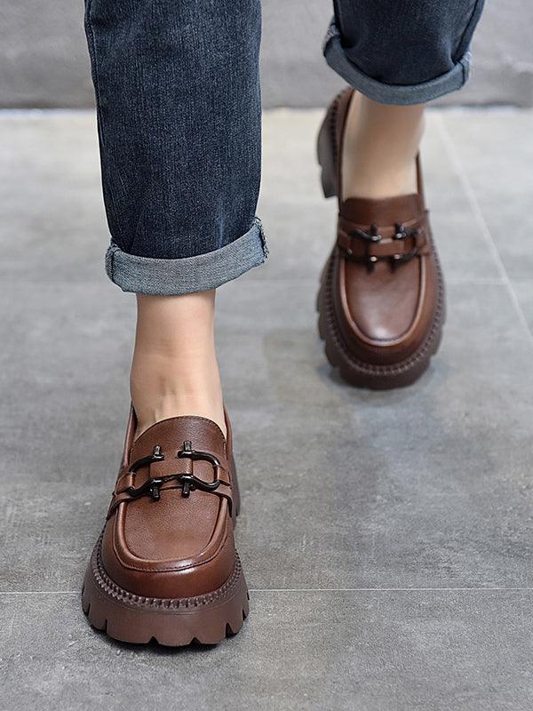 Mojoyce-Vintage Black&Brown Solid Color Loafers Platform Shoes