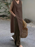 Mojoyce-Linen Slit Sleeveless Simple Dress