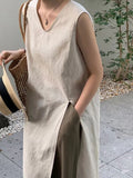 Mojoyce-Linen Slit Sleeveless Simple Dress