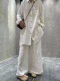 Mojoyce-Retro Cotton Shirt&Wide-Leg Pants 2 Sets Suit
