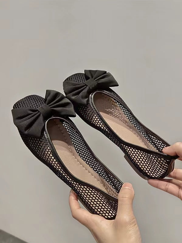 Mojoyce-Black Bow Cutout Ballet Flat Shoes