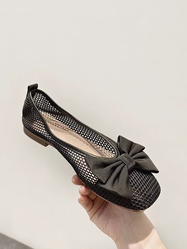 Mojoyce-Black Bow Cutout Ballet Flat Shoes