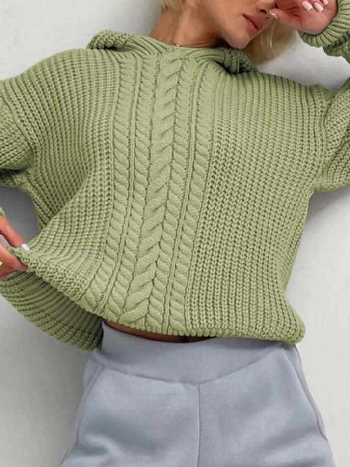 Mojoyce-Solid Color Hooded Cable Knit Sweater