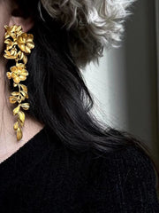 Mojoyce-Gold Flower Long Leaf Earrings