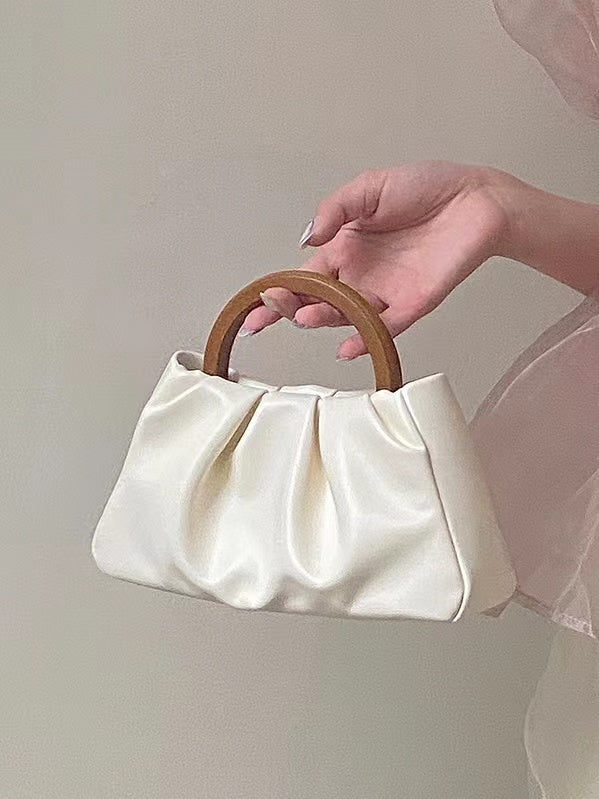 Mojoyce-Pleated Cloud Small Tote Bag With Wooden Handle