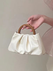 Mojoyce-Pleated Cloud Small Tote Bag With Wooden Handle