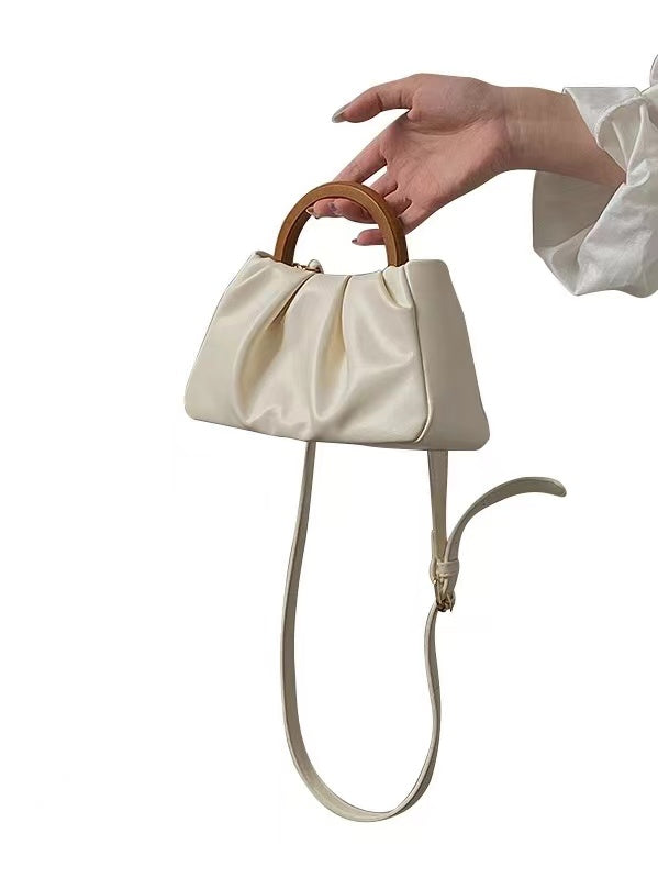 Mojoyce-Pleated Cloud Small Tote Bag With Wooden Handle