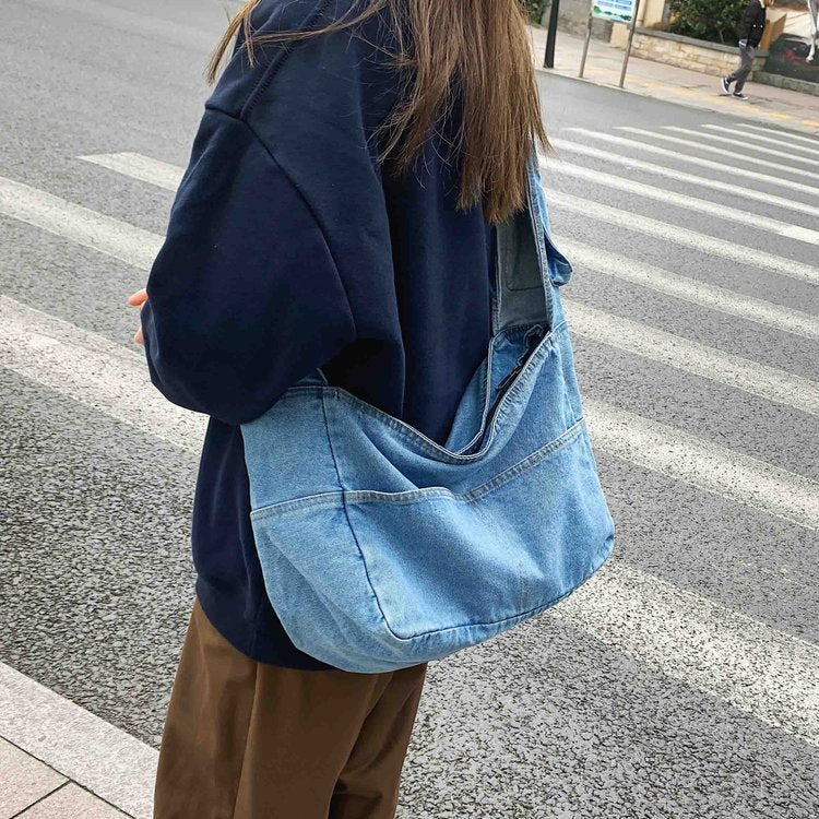 MOJOYCE-Large Washed Denim Crossbody Bag