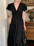 Mojoyce-Elegant Hollow Lace V-Neck Long Dress