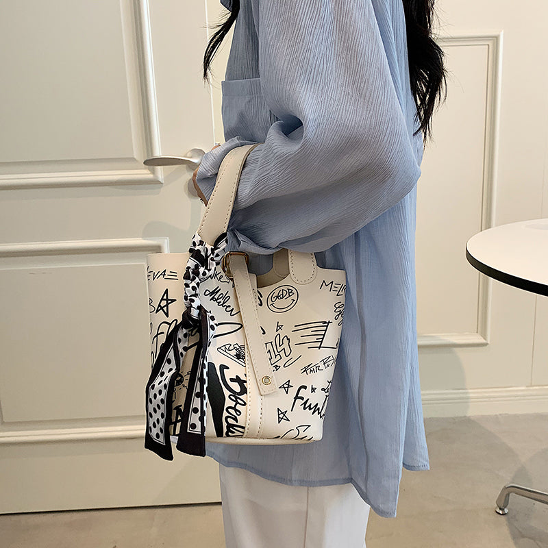 MOJOYCE-Cartoon Print Silk Scarf Bucket Bag