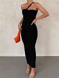 MOJOYCE-2024 Sexy Backless Ruched  Women Sleeveless Single Strap Off Shoulder Bodycon Party Club  Female Vestidos