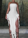 MOJOYCE-2024 Strapless Off Shoulder Elegant Women Party Clubwear Flowers Patchwork High Split Solid Summer  Vestidos