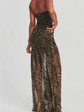 MOJOYCE-2024 Women Tube Slim Strapless Off Shoulder Mesh Patchwork Leopard Floral Print Split  Party Club Vestidos