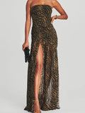 MOJOYCE-2024 Women Tube Slim Strapless Off Shoulder Mesh Patchwork Leopard Floral Print Split  Party Club Vestidos