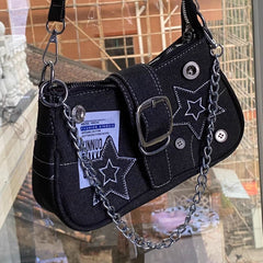 MOJOYCE-Chain Detail Star Buckled Denim Shoulder Bag