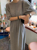 Mojoyce-Vintage Textured Short Sleeves Long Slit Sweater Dress