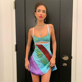 Mojoyce Patchwork Sleeveless Strap A Line Mini Dress Hollow Out Backless 90S Fashion Short Dresses Women Summer Party