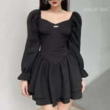 Mojoyce Fashion Elegant Puff Sleeve Black Dress Women Corset Autumn Pleated Sexy Party Dress Mini Double Layer Ruched Clothes