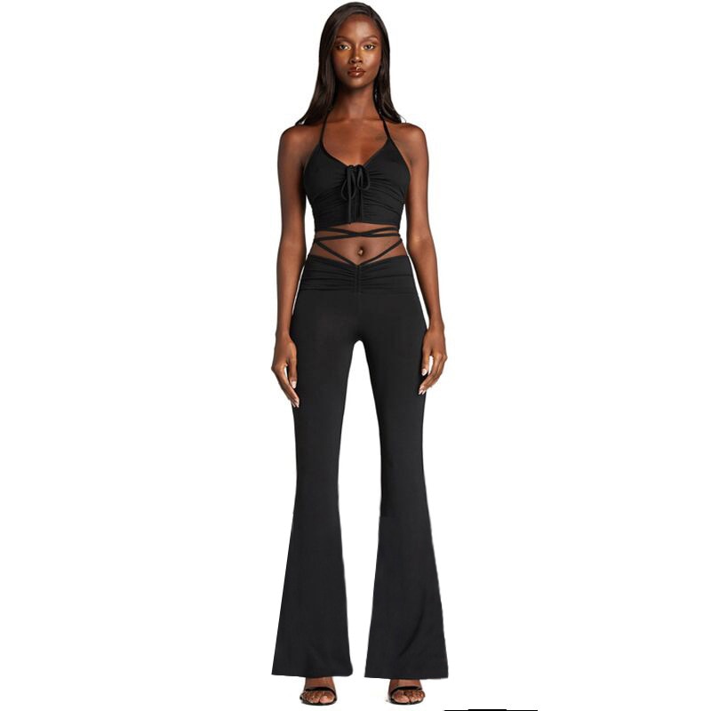 Mojoyce Sexy Halter Crop Top and Low Waist Flare Pants Two Piece Set Women Summer Outfits Ladies Clothes 2022 C95-CZ28