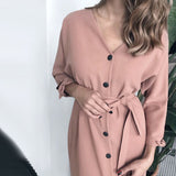 Mojoyce Sexy V-Neck Belt Batwing Sleeve Midi Dress Autumn Solid Color High Waist Night Club Party Dresses For Women 2022