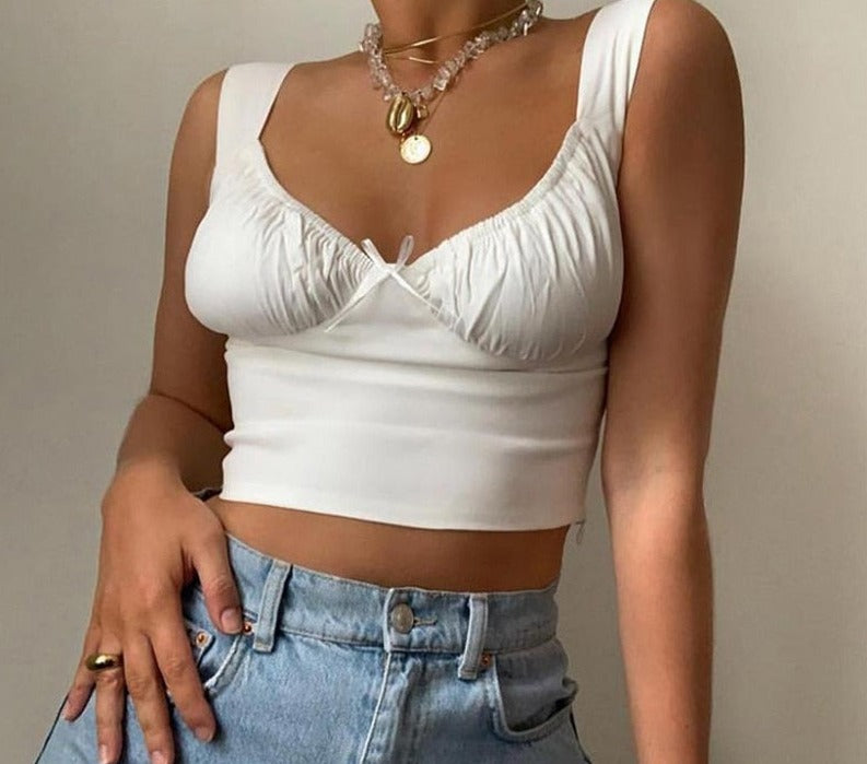 Mojoyce   Streetwear V Neck Cotton Bow Tank Top Women Ruched Basic Sexy Crop Top Vest Summer Tops Sleeveless Fashion Clothing