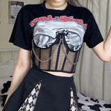 Mojoyce Streetwear Punk Style Patchwork Print Black T-Shirt Women Cropped Corset Top Transparent Summer T-Shirts Gothic Tees