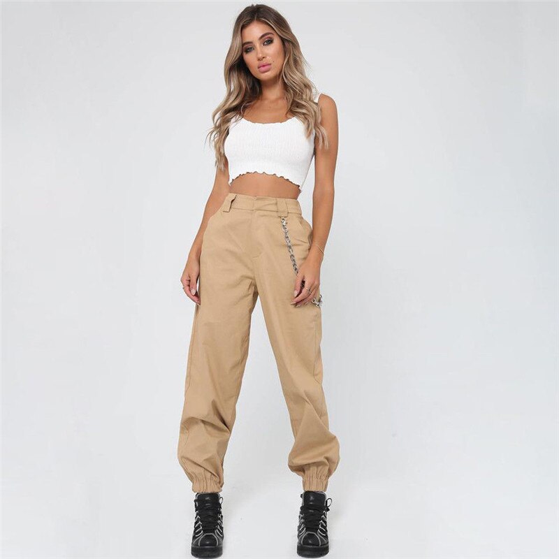 Mojoyce Women High Waist Pants Hip-Hop Combat Cargo Pants Fashion Casual Zipper Loose Without Chain Trouser Plus Size S-2XL 5Colors