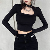Mojoyce Heyoungirl Cut Out Black Harajuku Crop T Shirt Gothic Casual Basic Woman Tshirt Tops Long Sleeve Tee Shirt Women Cool Streetwear