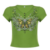 Mojoyce   Y2K V Neck Fairycore Green Graphic Butterfly Printed Cropped Tops Summer Women's T-Shirts Retro Aesthetic Tee Clothes