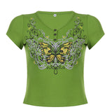 Mojoyce Darlingaga Y2K V Neck Fairycore Green Graphic Butterfly Printed Cropped Tops Summer Women's T-Shirts Retro Aesthetic Tee Clothes