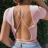 Mojoyce Open Back Sexy Crop Tops Summer Harajuku Casual Women Ladies Bandage Lace-up Vest Tops Camisole High Street Slim Tee Top