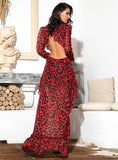 Mojoyce Sexy Cut Out Open Back Red Leopard Long Sleeve Chiffon Dress LM81503