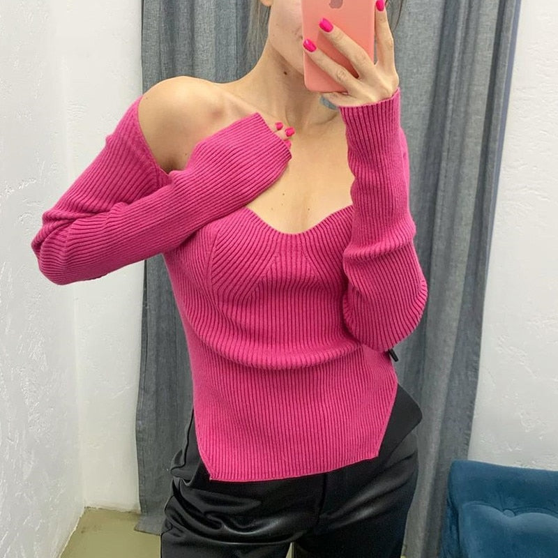 Mojoyce Long Sleeve Sweater 2022 Autumn Women Knit Ribbed Top Ladies Casual Knitted Tops Pullover Off-Shoulder Knitwear Black