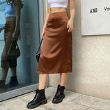 Mojoyce Vintage Brown High Waist Skirt Female Harajuku Satin Long Skirt Side Split Ladies Summer Skirts Gothic Clothes
