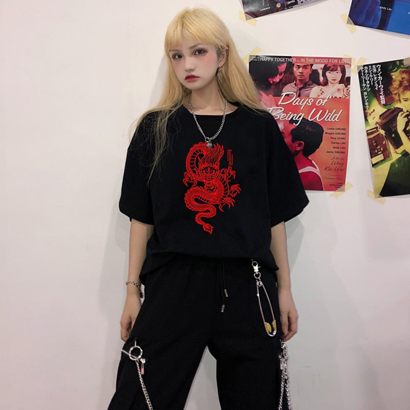 Mojoyce Punk women's t-shirt vintage Chinese dragon print loose top summer new Harajuku O-neck short-sleeved T-shirt Gothic Streetwear