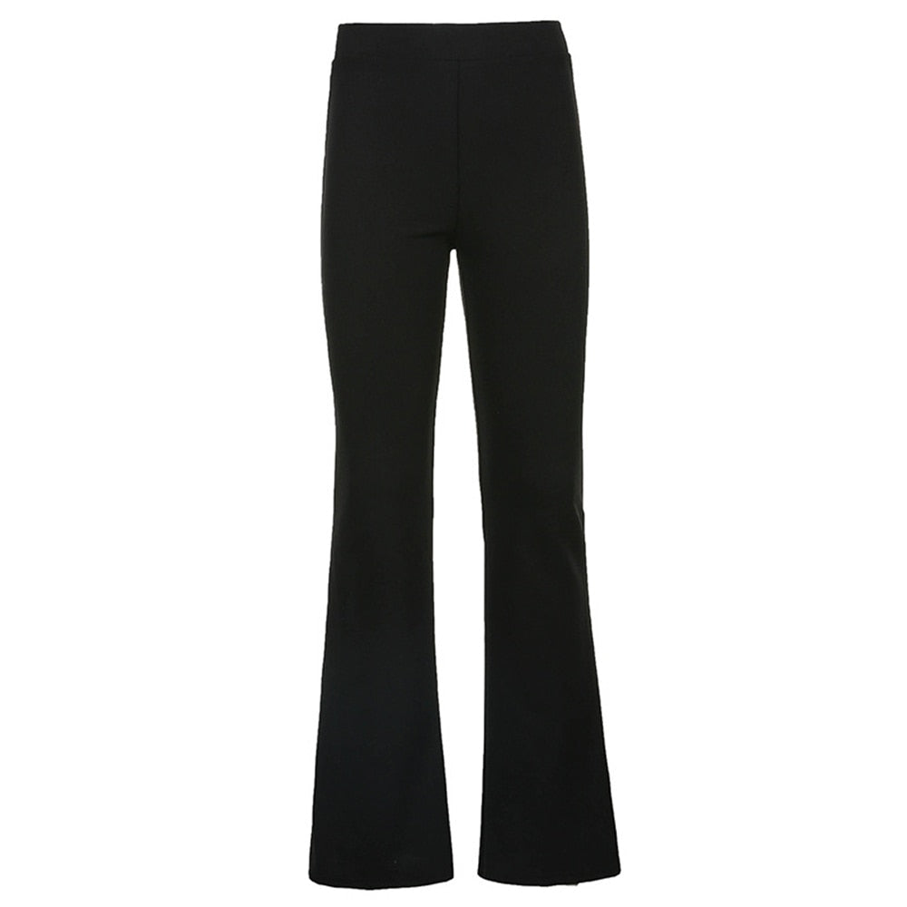 Mojoyce All-Match Women Fashion Elastic Waist Black Flared Pants Solid Color High Waist Wide Leg Trousers Casual Hipster Streetwear
