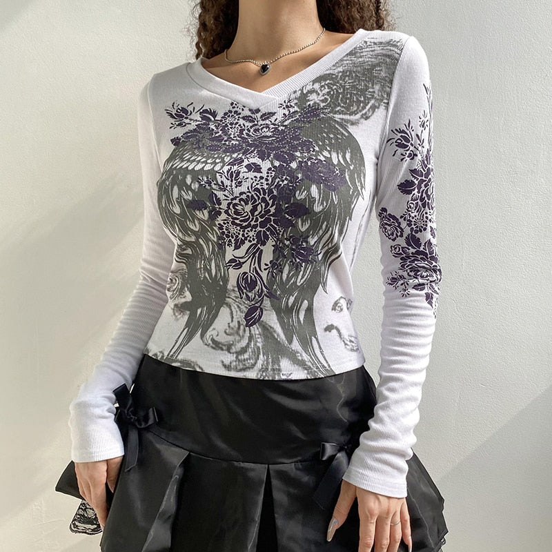 Mojoyce   Retro Fairycore Printed Y2K Graphic T Shirts Women Fashion Slim Dark Academia Crop Tops Chic Grunge Autumn Baby Tees
