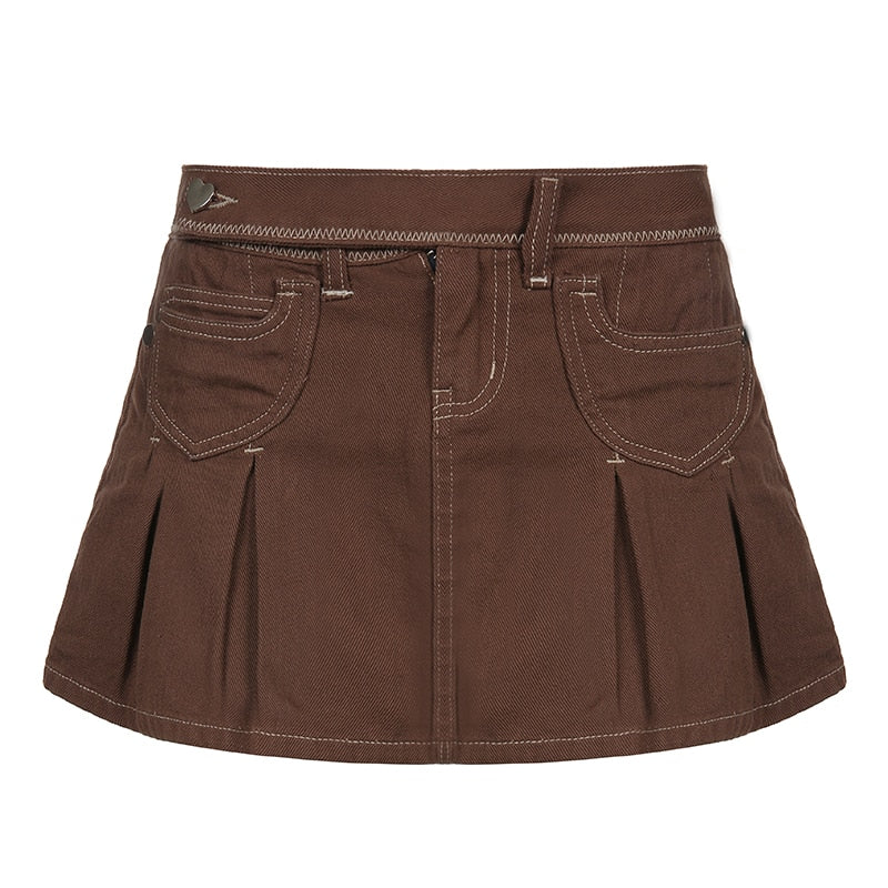 Mojoyce   Vintage Fashion Brown Denim Skirt Women Pockets Aesthetic Solid Hot High Waist Mini Skirts Pleated Super Short