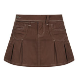 Mojoyce   Vintage Fashion Brown Denim Skirt Women Pockets Aesthetic Solid Hot High Waist Mini Skirts Pleated Super Short