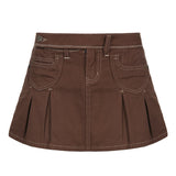 Mojoyce Darlingaga Vintage Fashion Brown Denim Skirt Women Pockets Aesthetic Solid Hot High Waist Mini Skirts Pleated Super Short